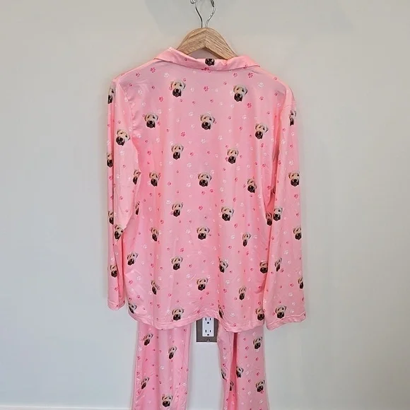 Cuddle Clones Wheaten Terrier Dog Pink Satin Pajamas Long Sleeve Top Pants Set